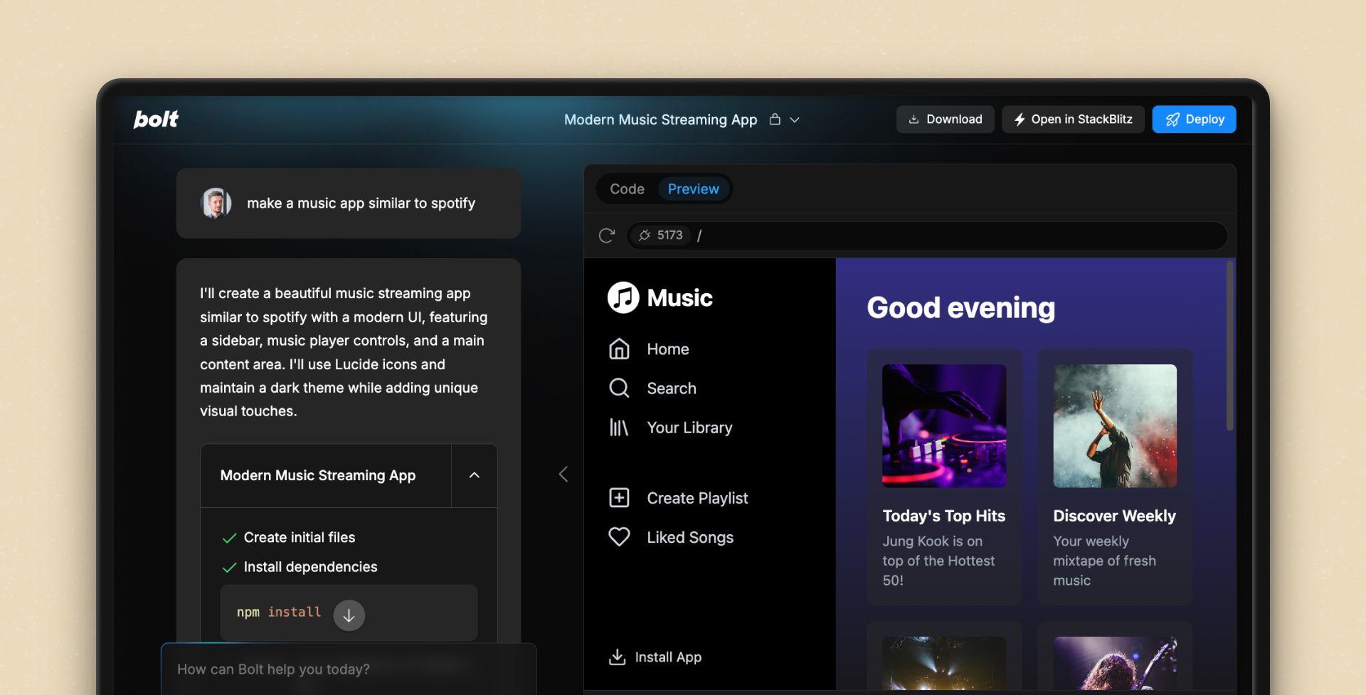 Stackblitz product screen