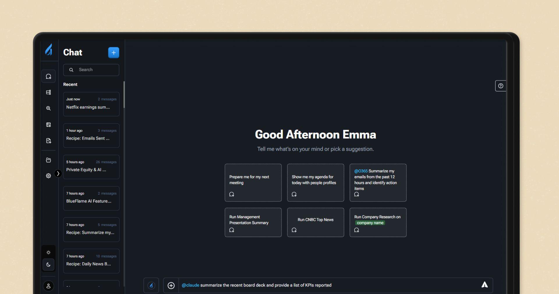 BlueFlame product screen