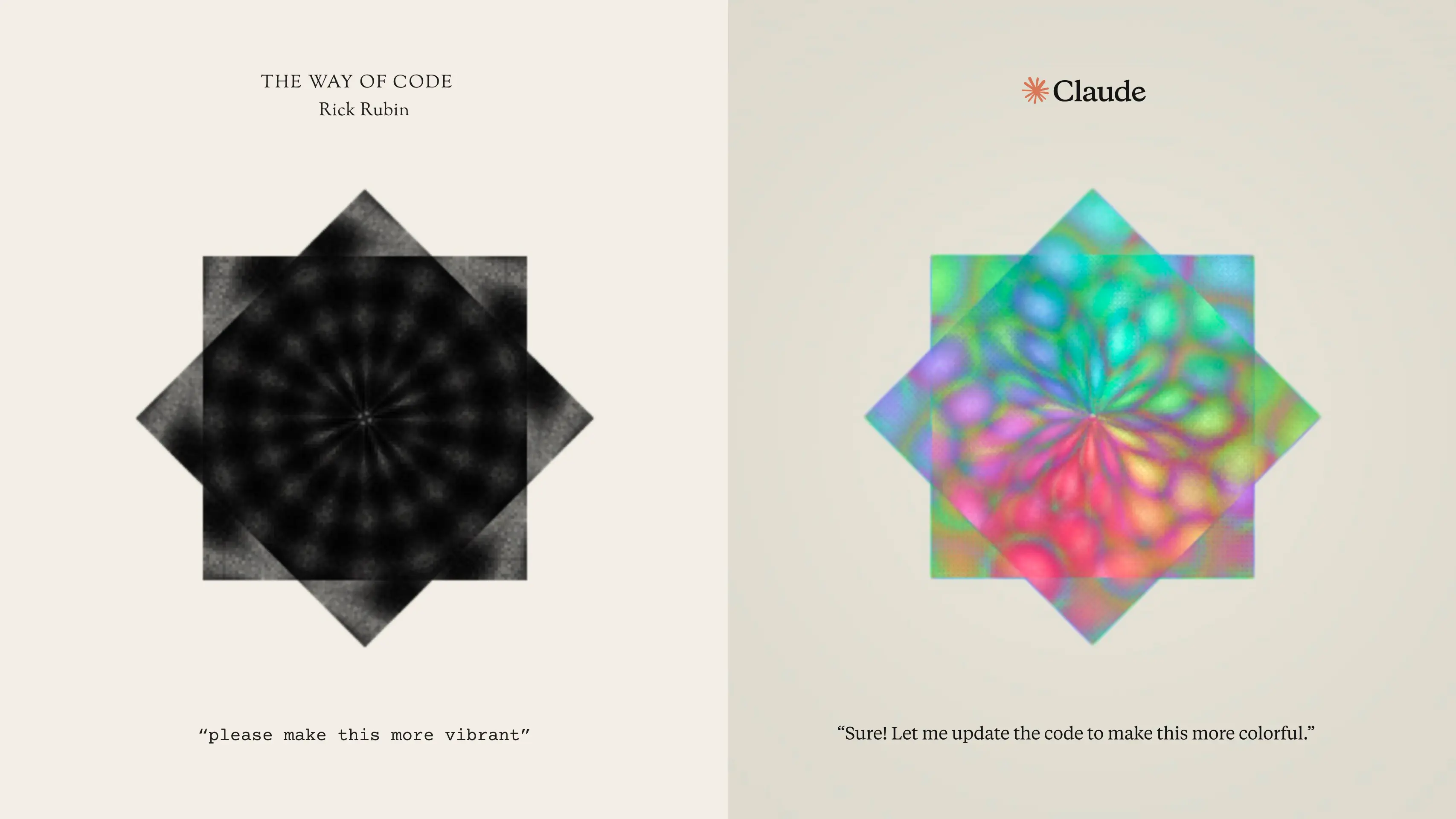 An image titled "The Way of Code" by Rick Rubin with the Claude logo, showing a before-and-after comparison of AI-powered code modification. 