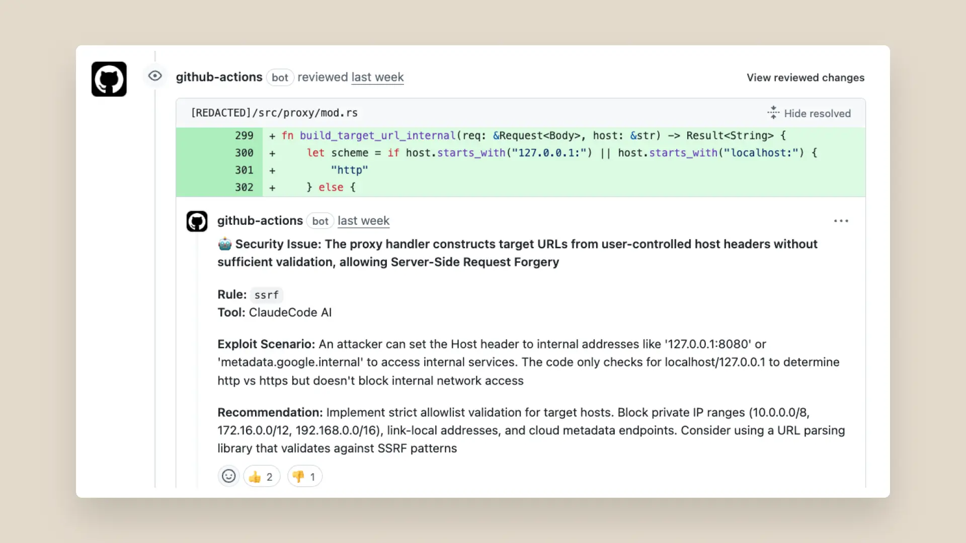 A GitHub comment showing a SSRF attack vulnerability