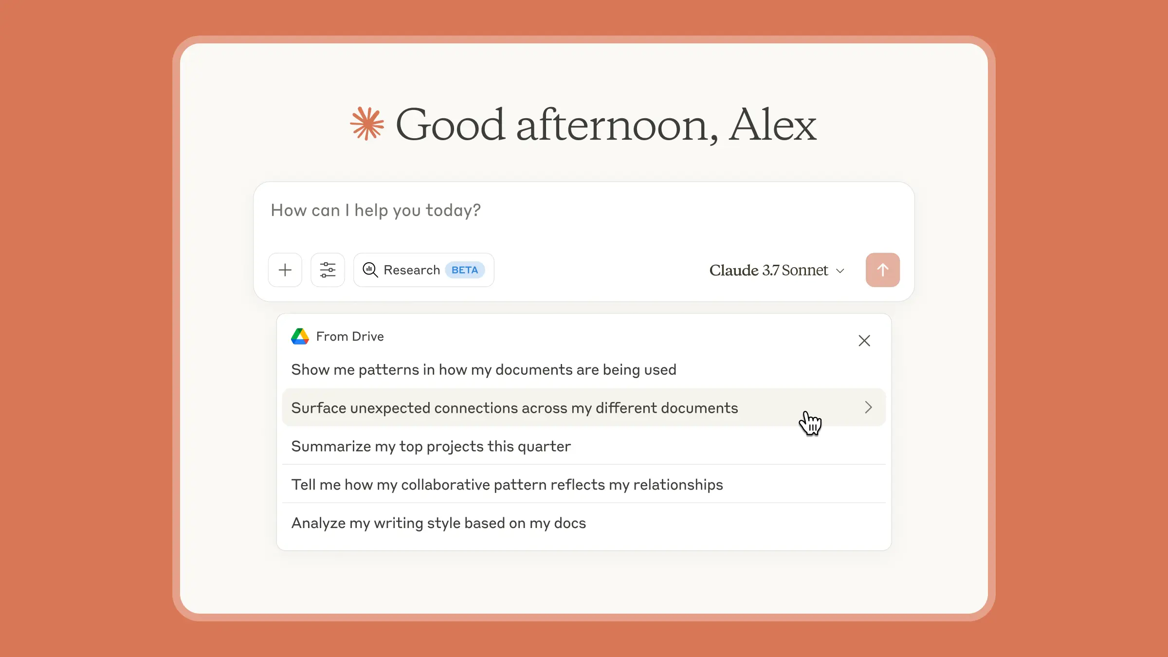 Google Drive suggestion chips on the Claude home page