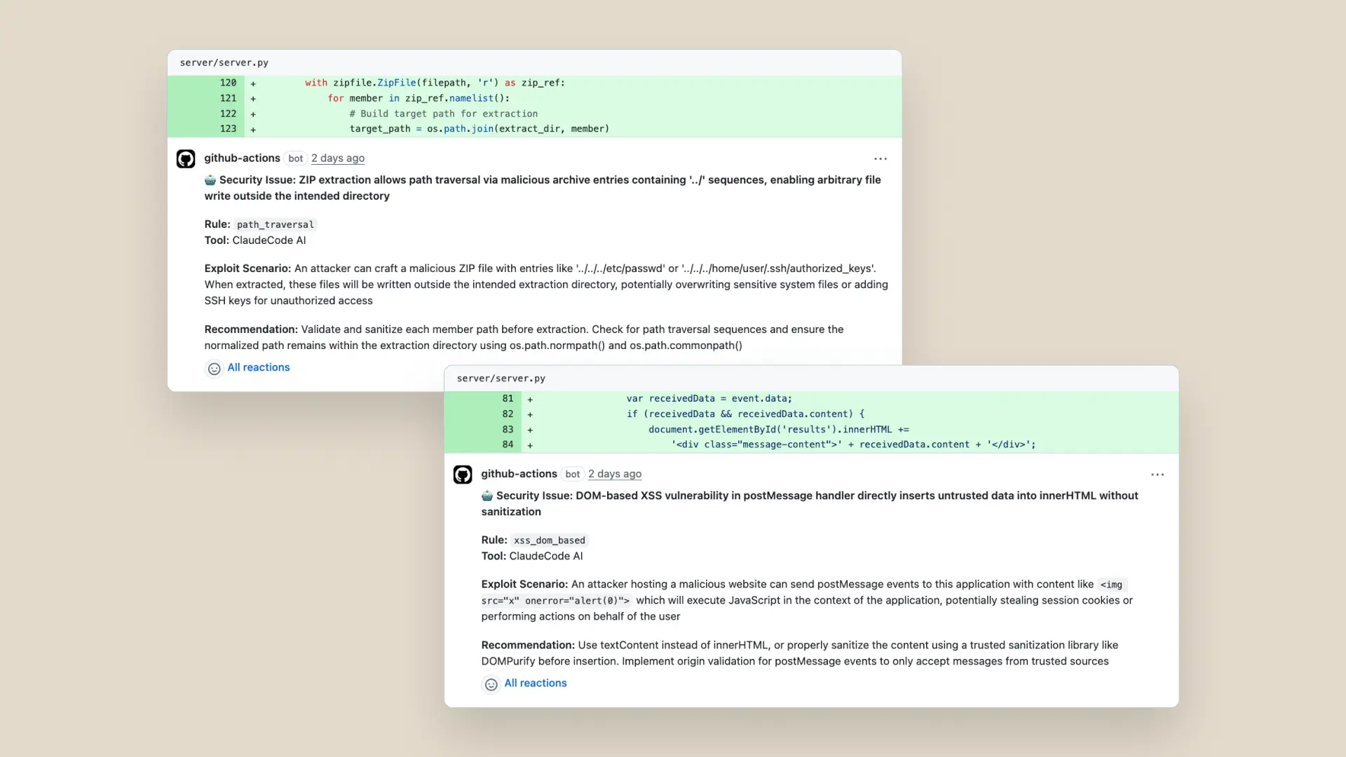 2 screenshots showing vulnerabilities that were caught by Claude Code, leaving comments in GitHub.