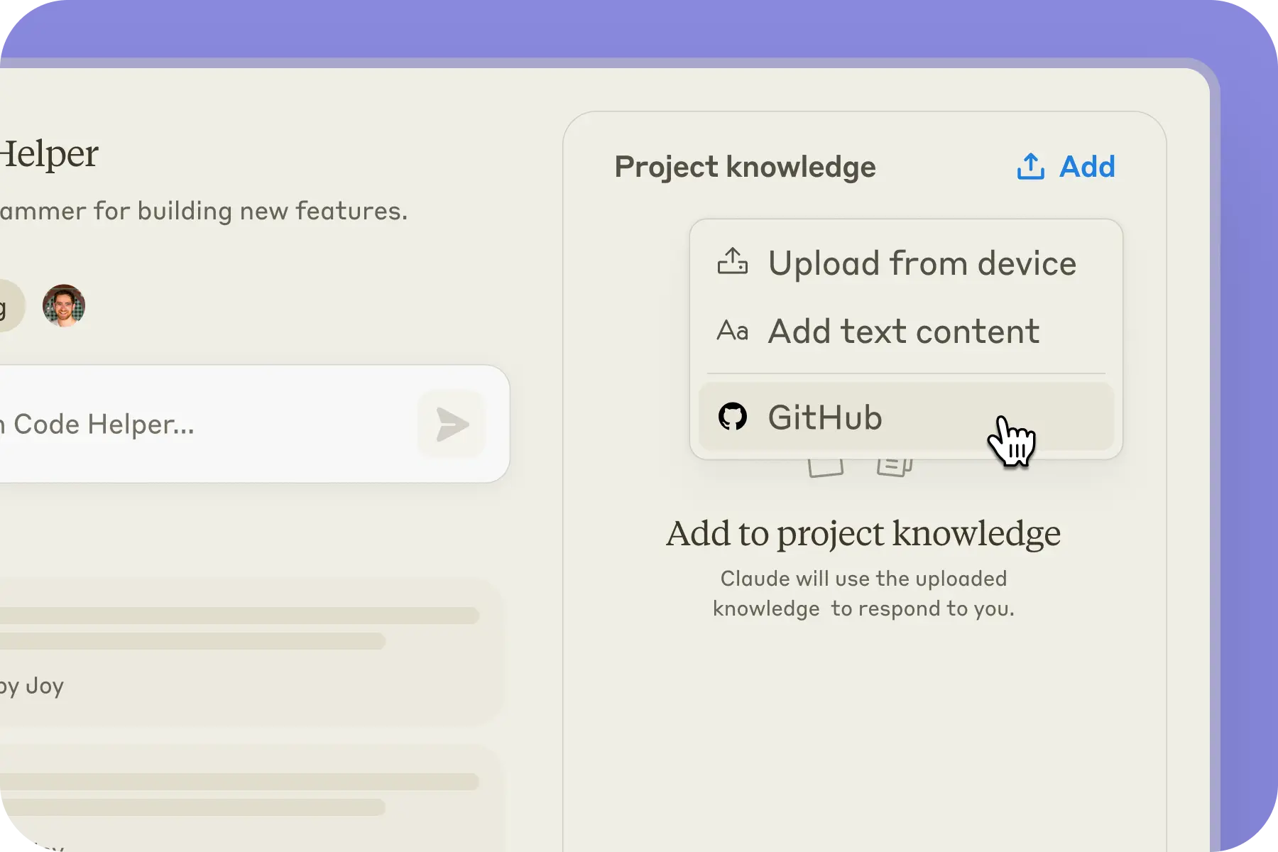 Claude UI where the user is selecting the GitHub connector to add knowledge to a project