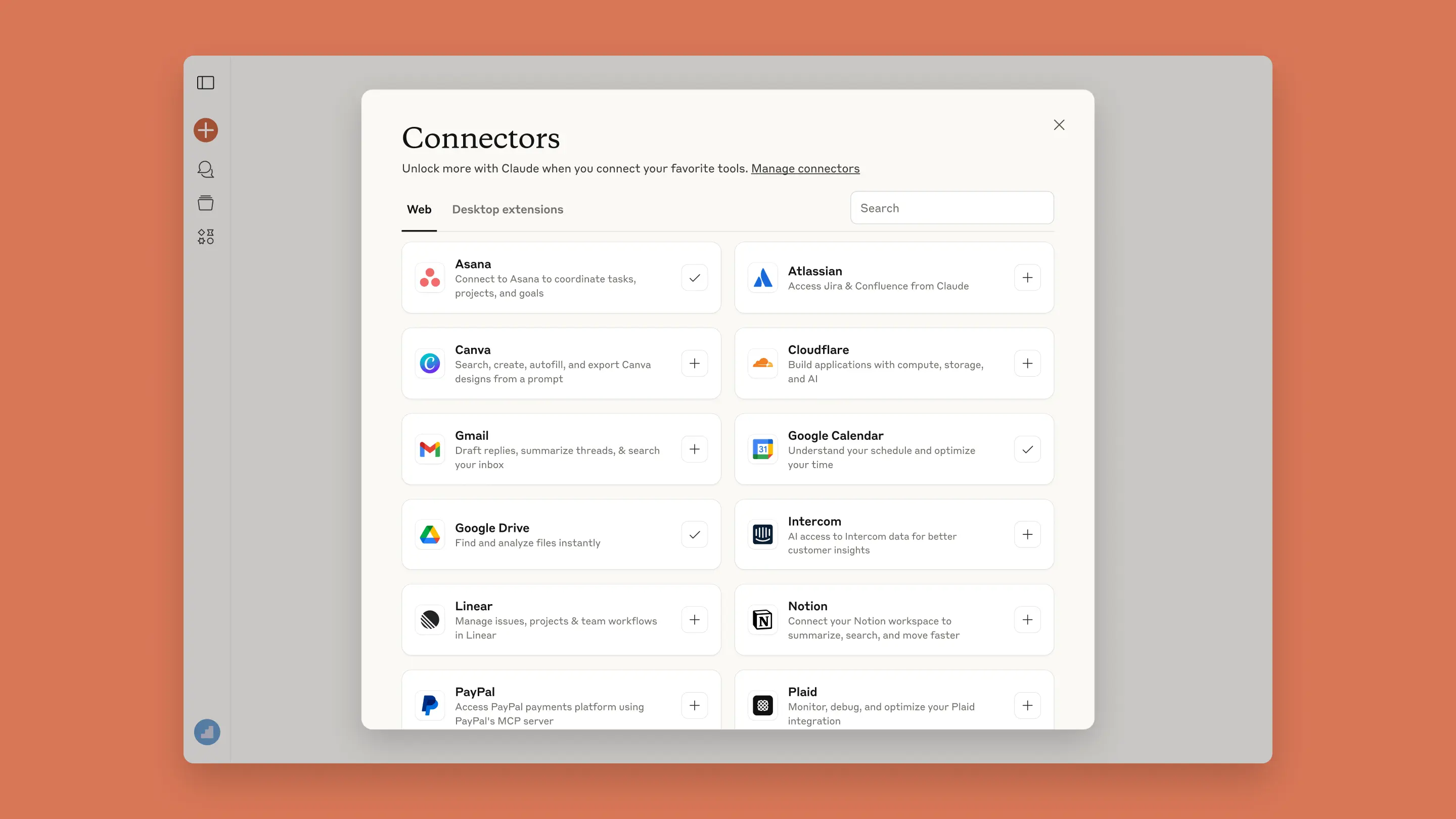 Screenshot of a connectors dialog box in Claude app, showing various tools and services users can explore and connect to Claude. 