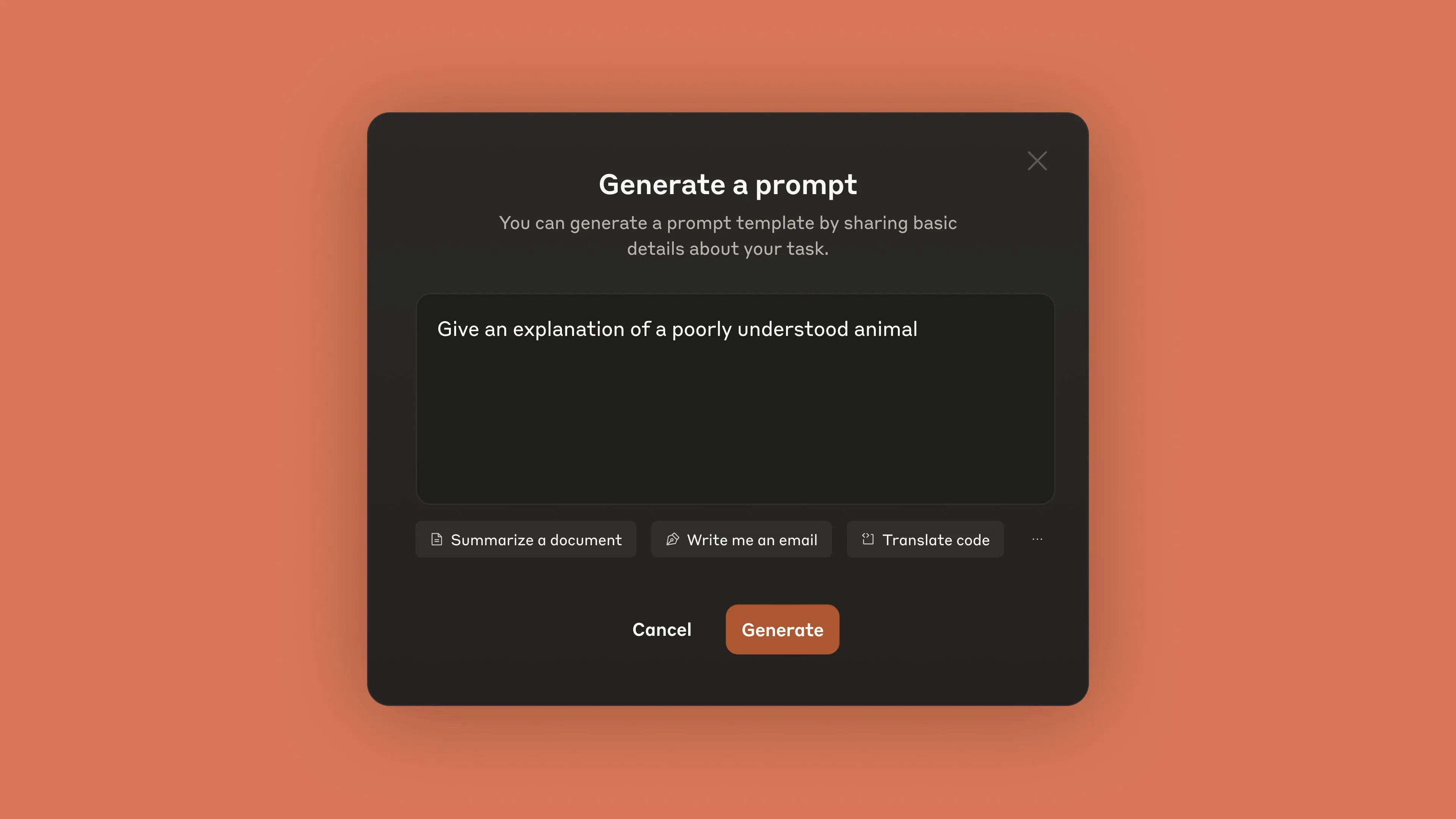 A screenshot of the prompt generator with the text "give me an explanation of a poorly understood animal."