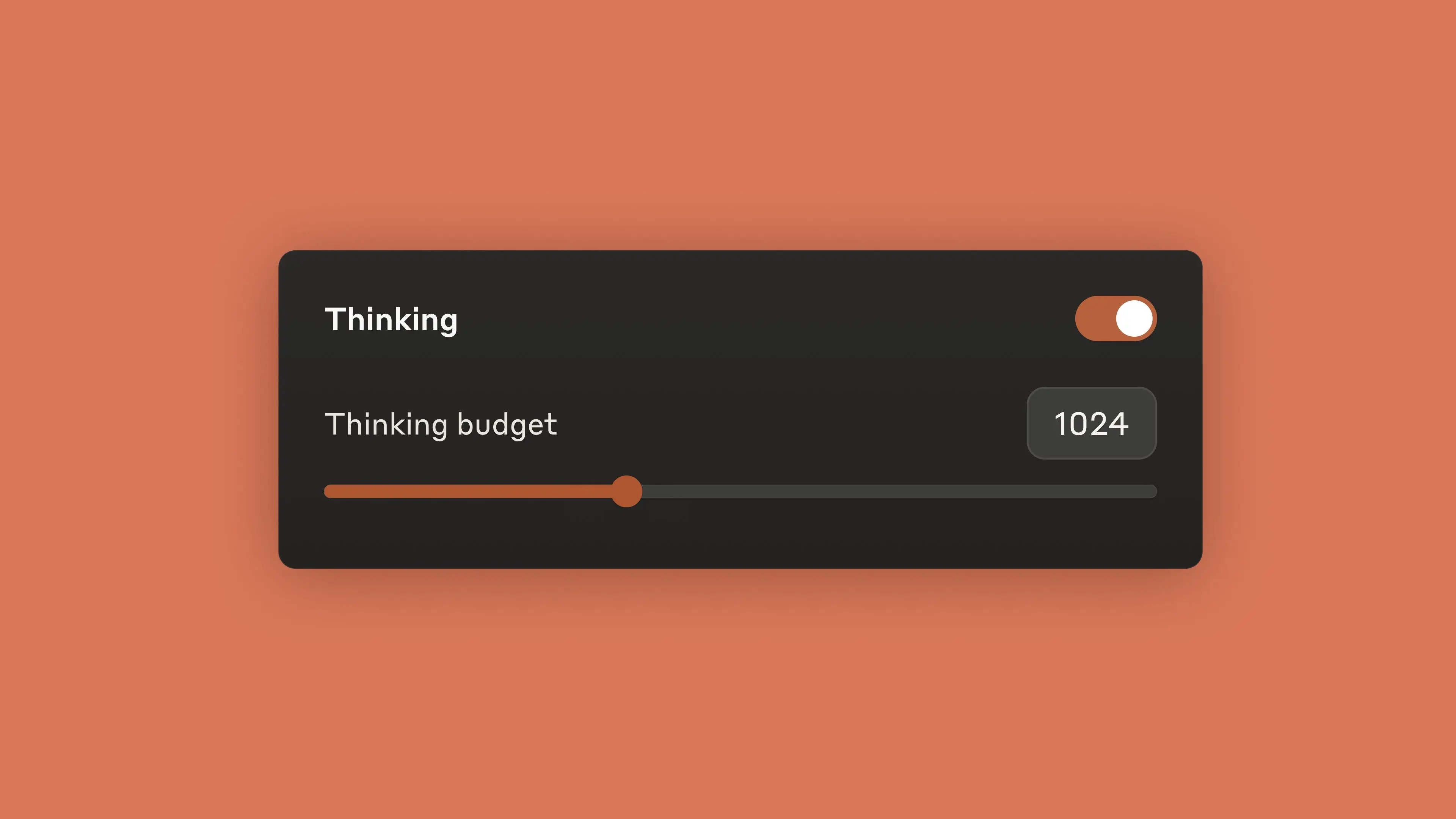 A screenshot with "Thinking" toggled to "On" and the "Thinking budget" set to 1024.