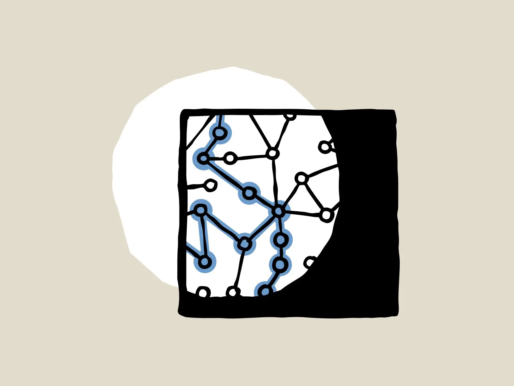 A hand-drawn image where a black square overlaps with a white circle, revealing nodes and connections inside the circle, some of which are highlighted