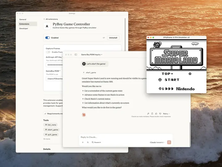 A desktop showing the PyBoy MCP with Super Mario Land start screen