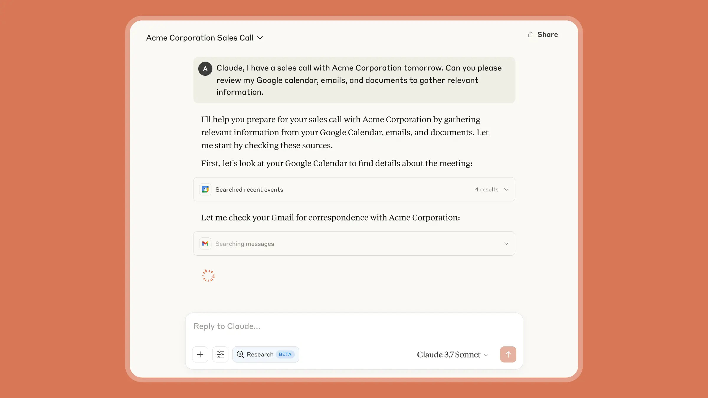 A product screenshot of Claude interacting with Google Workspace