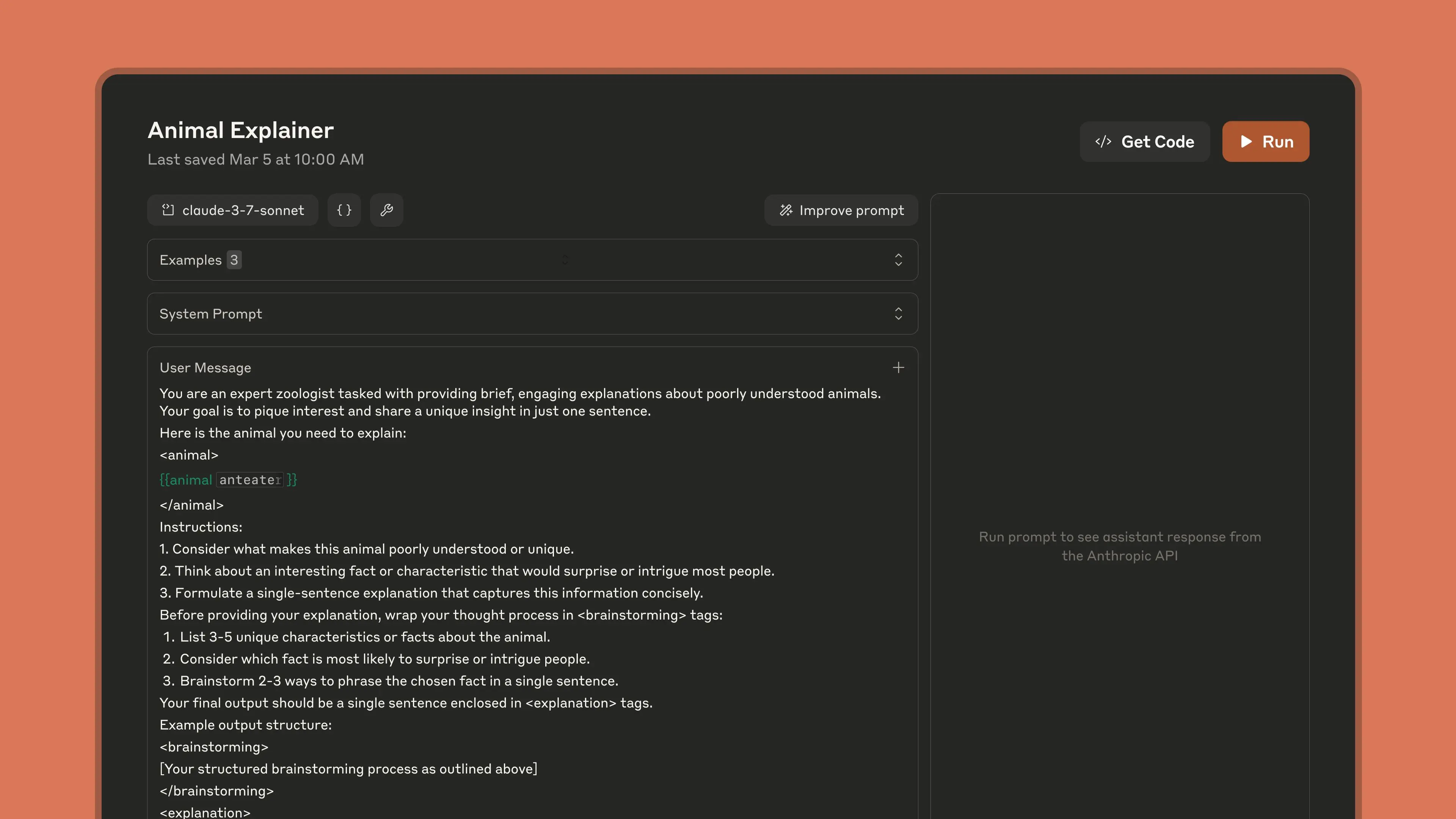 A screenshot of the Workbench with an "animal explainer" prompt.