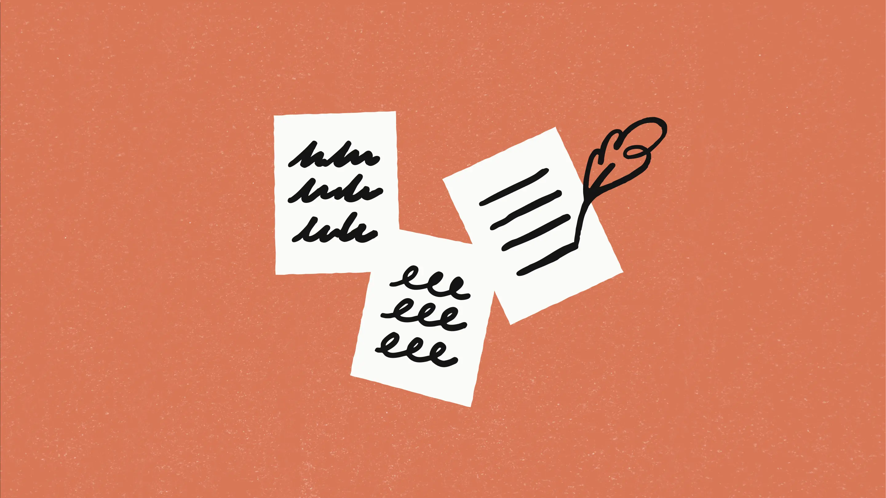 An illustration of three pieces of paper with different writing styles and a feather pen